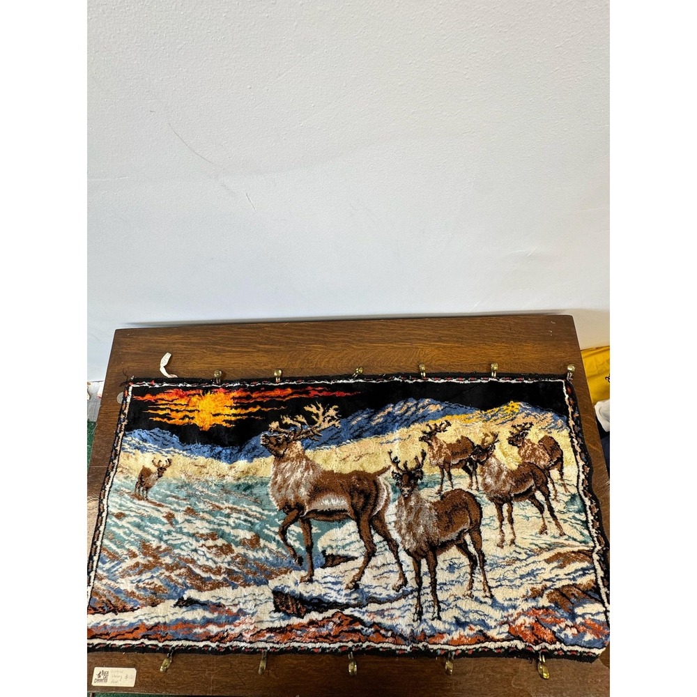 Made In Italy Deer Reindeer Winter Landscape Tapestry Wall Hanging 19x36 Art